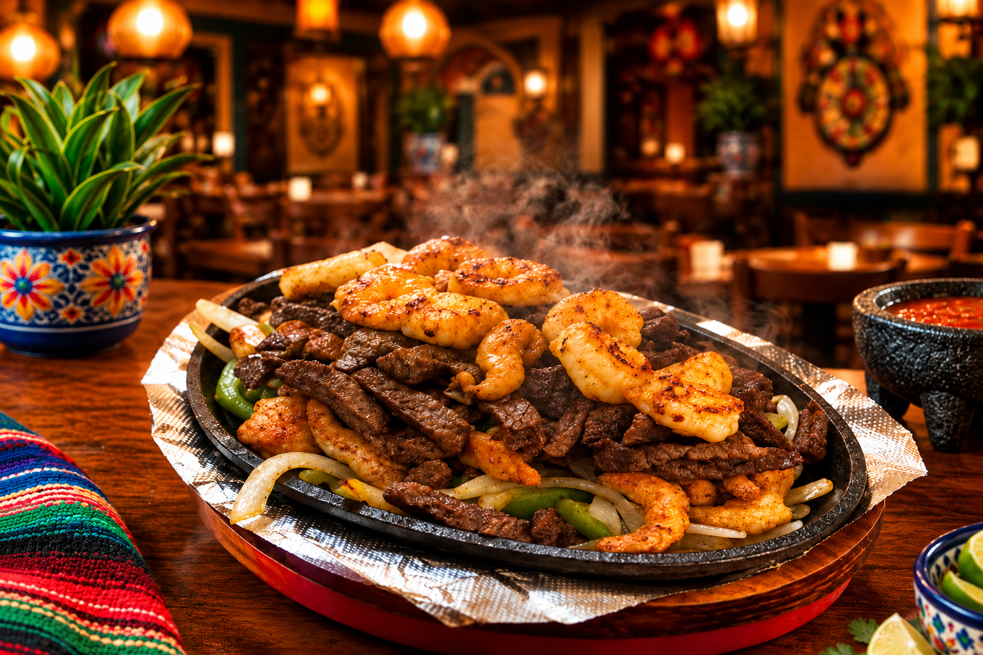 Sizzling fajita and shrimp skillet at The Ranchito