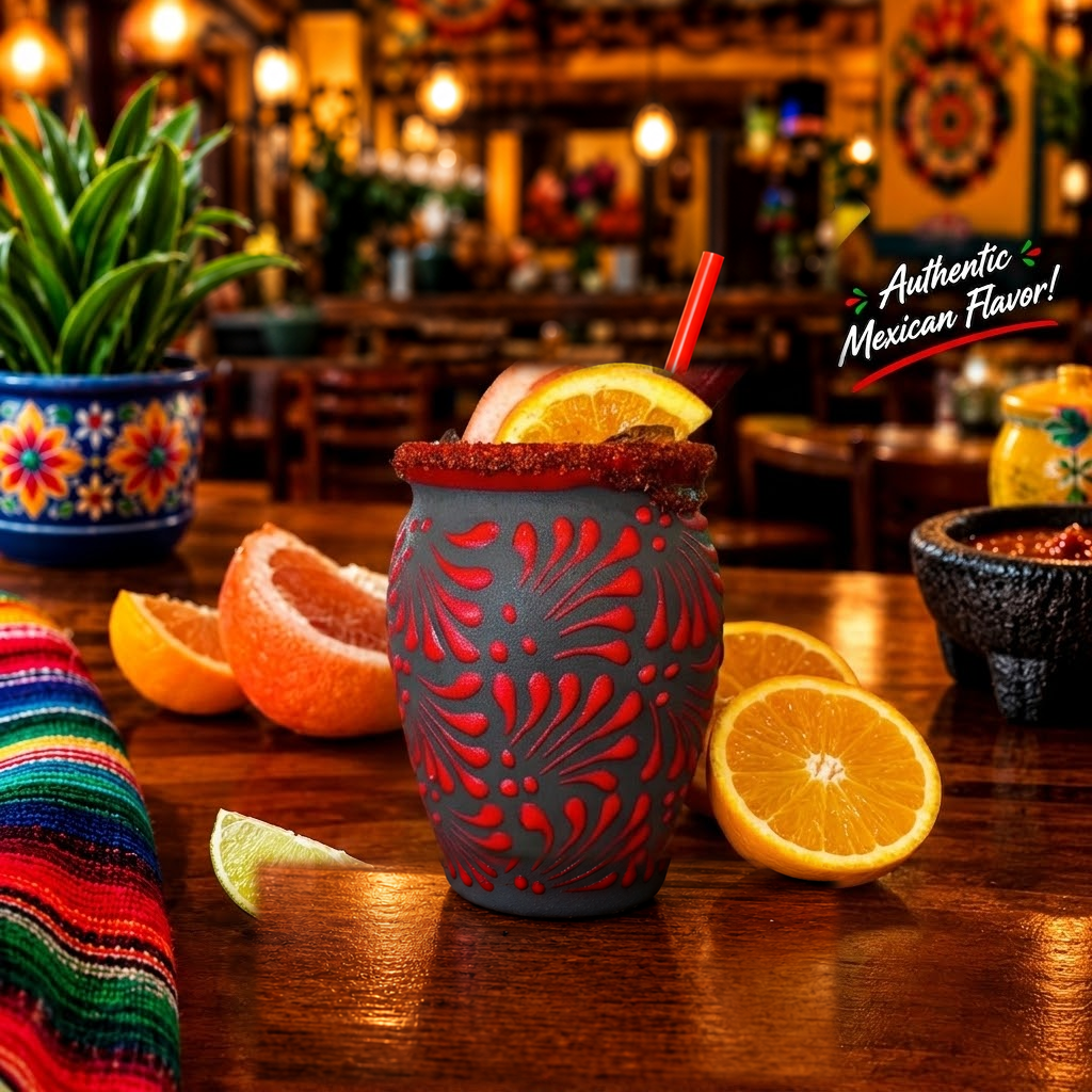 Michelada in a hand-painted clay cup with citrus