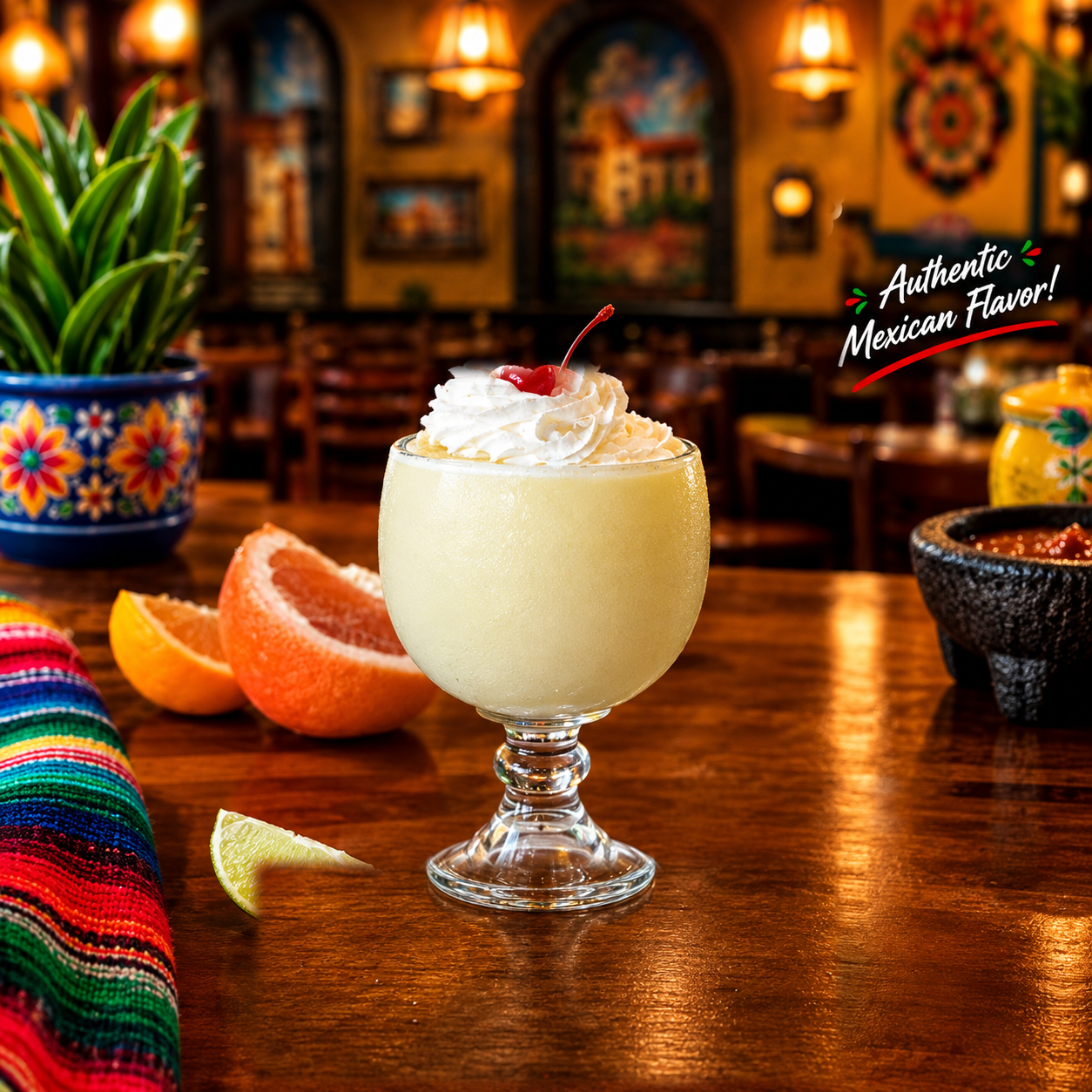 Piña colada topped with whipped cream and a cherry