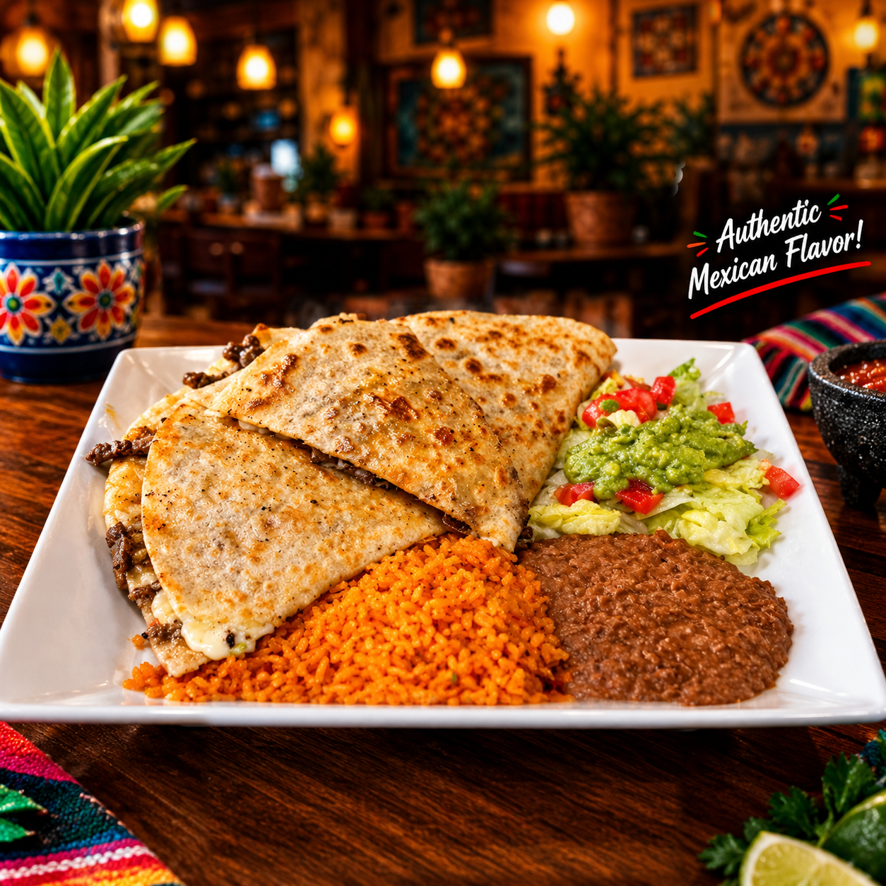 Quesadilla plate with rice, beans and guacamole